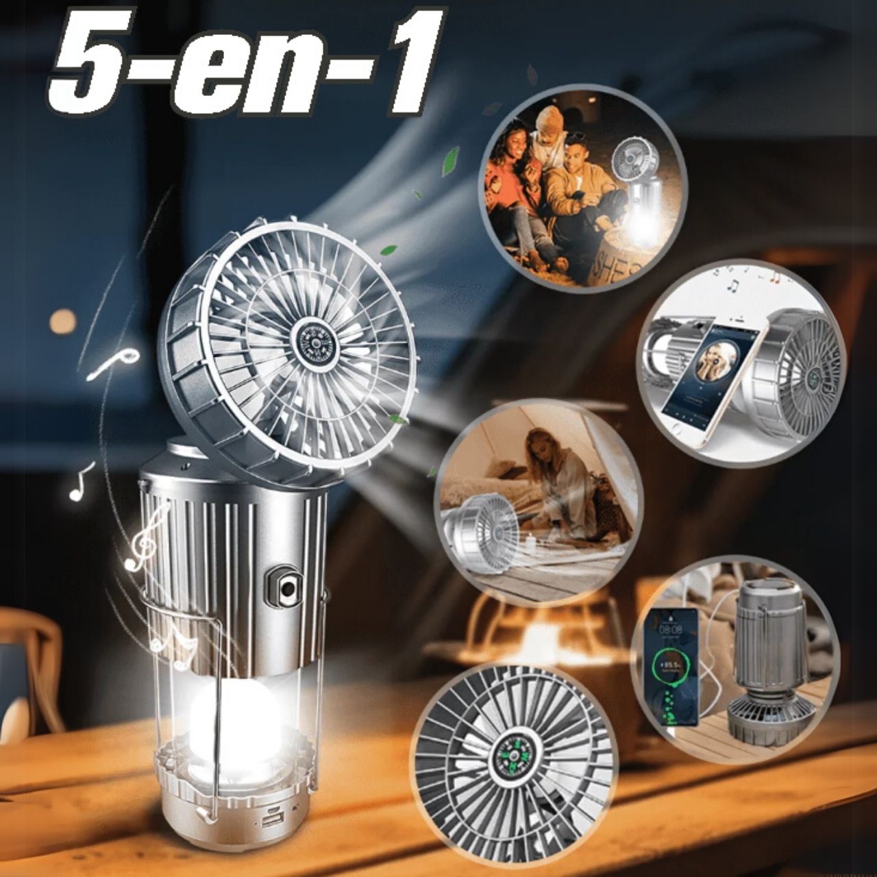 Fan, multifunkční 5 v 1 solární LED světlo s ventilátorem